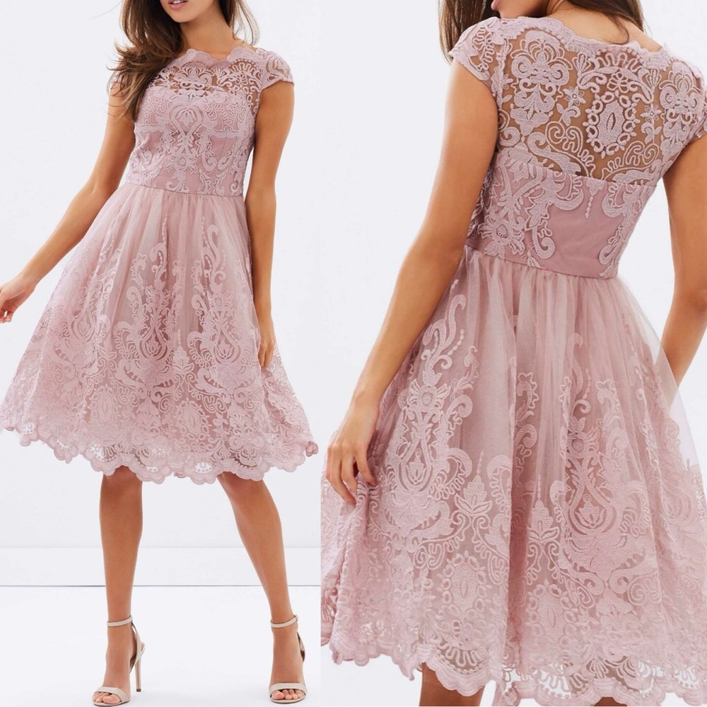 Chi Chi London Livyah Lace Cap Sleeve Midi Dress Pink US Size 4